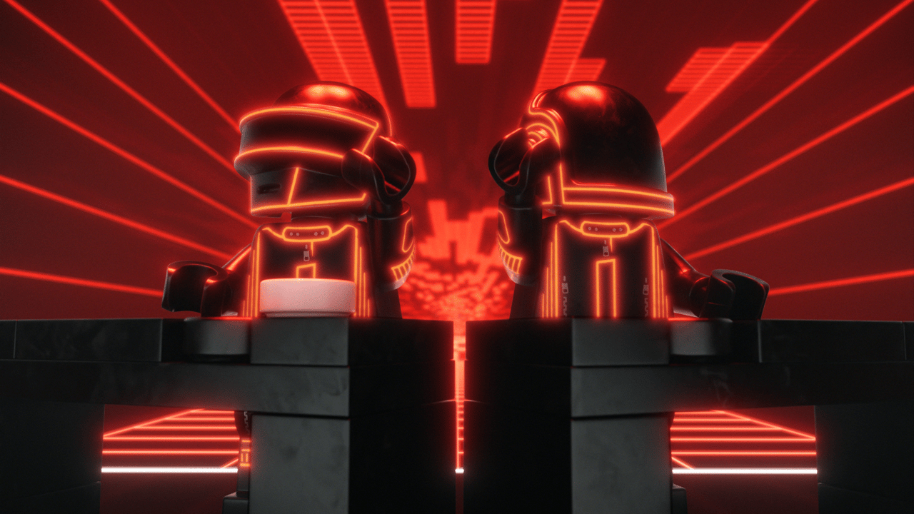 Daft Punk robot characters depicted as LEGO minifigures behind a console in the official partnership film