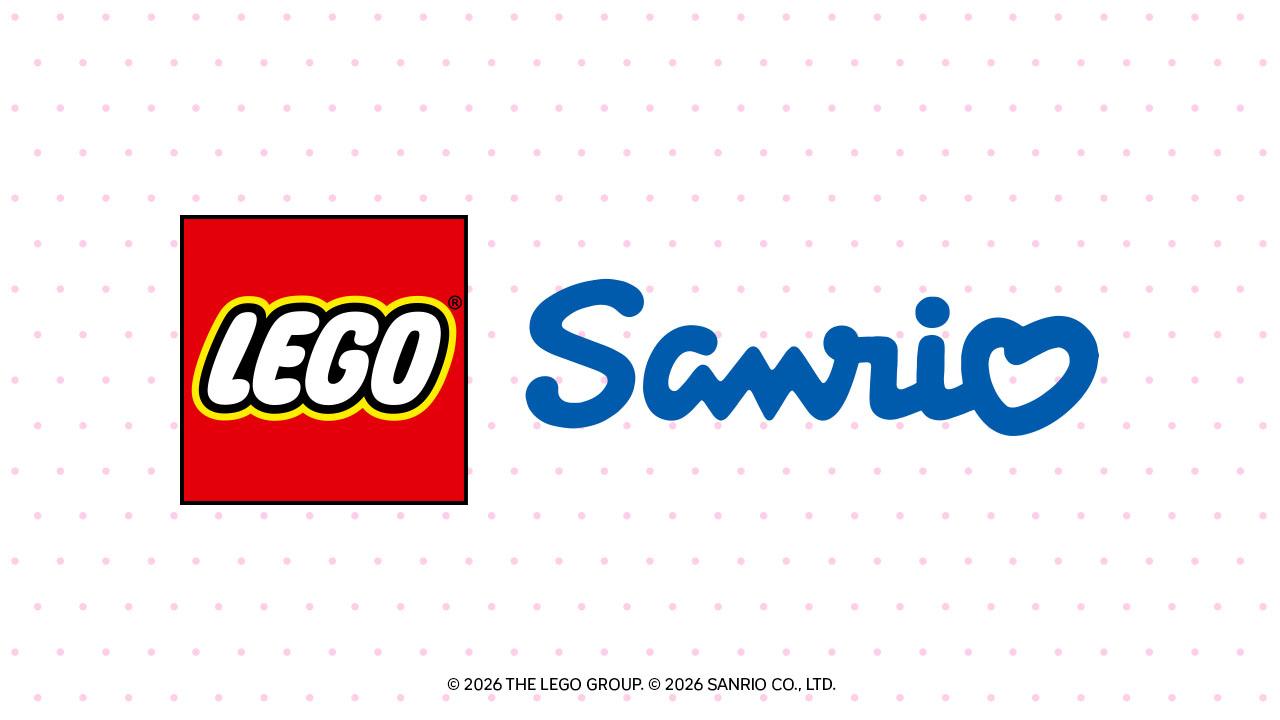 Official LEGO and Sanrio partnership announcement artwork, with both brand names and 2026 copyright credits