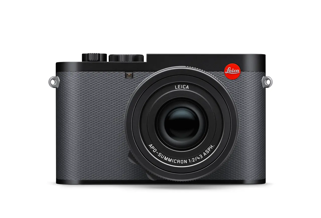 Front view of the standard Leica Q3 43 camera; not the Formula 1 special edition.