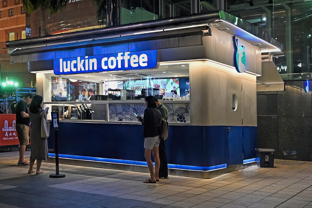 Customers at the Luckin Coffee outlet outside Ngee Ann City on Orchard Road, Singapore, in 2023