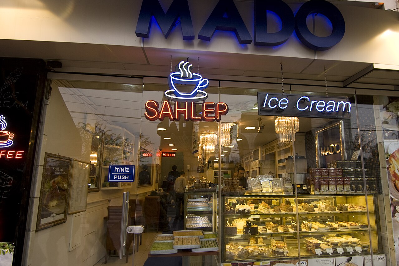 MADO café entrance and pastry display in Istanbul, photographed in January 2013.