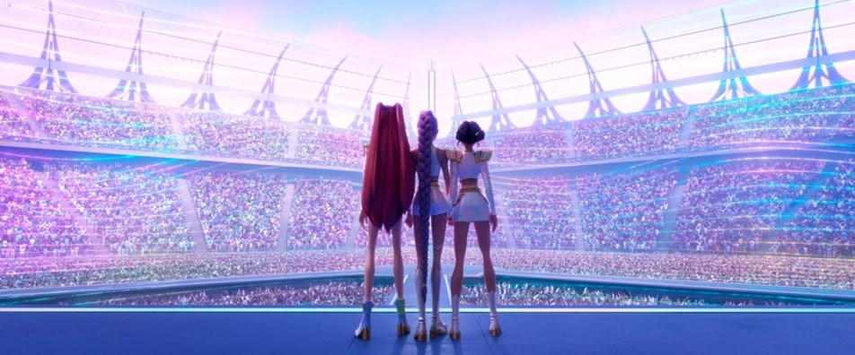 Official Netflix artwork showing the three KPop Demon Hunters characters facing a stadium crowd