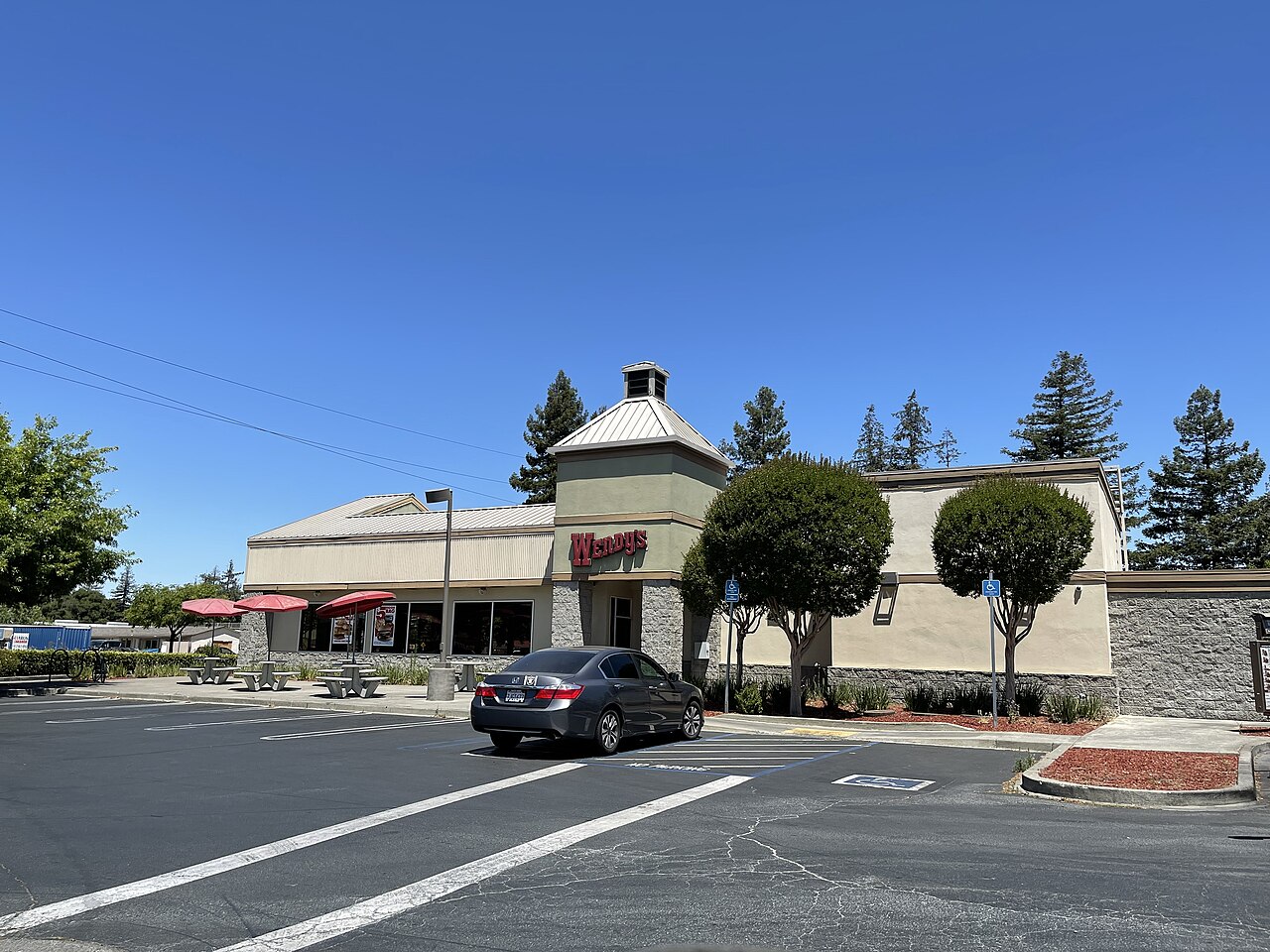 Exterior of an existing Wendy’s restaurant in Santa Rosa, California, photographed in June 2021.